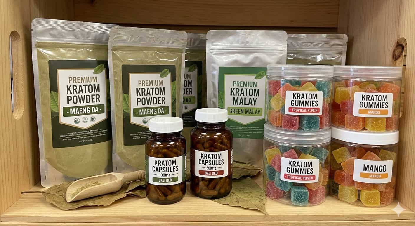 Kingdom Kratom review product lineup with powder capsules and extract gummies